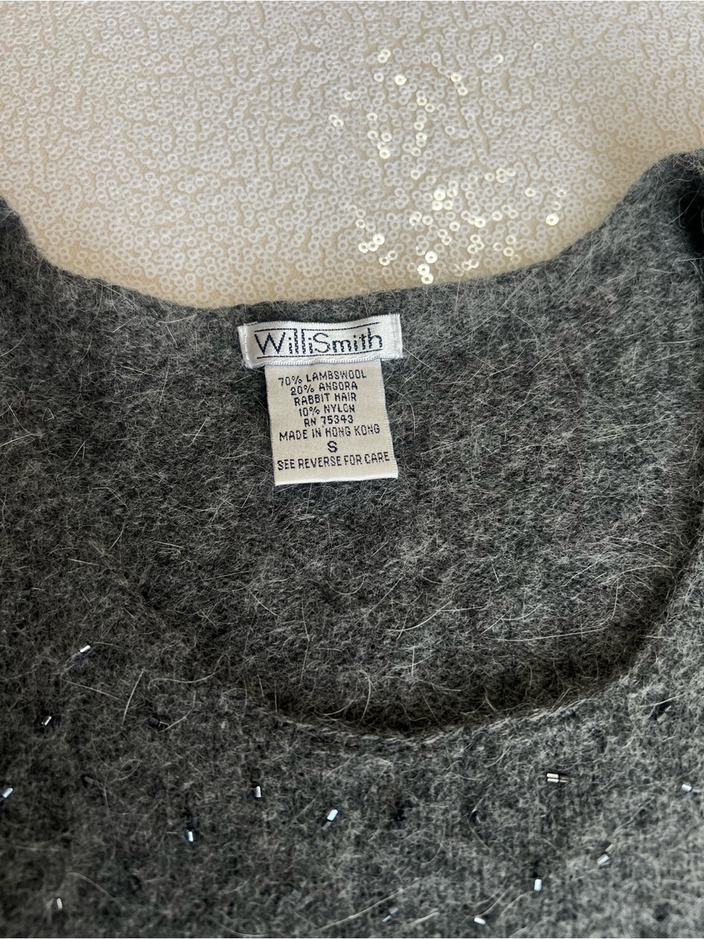 Willi Smith Heather Gray Fuzzy Crewneck Sweater with Subtle Beads